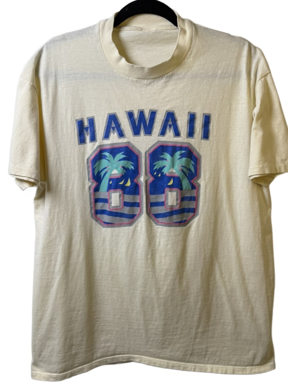 Vintage Hawaii Graphic Palm Tee - Cream with Blue Accents